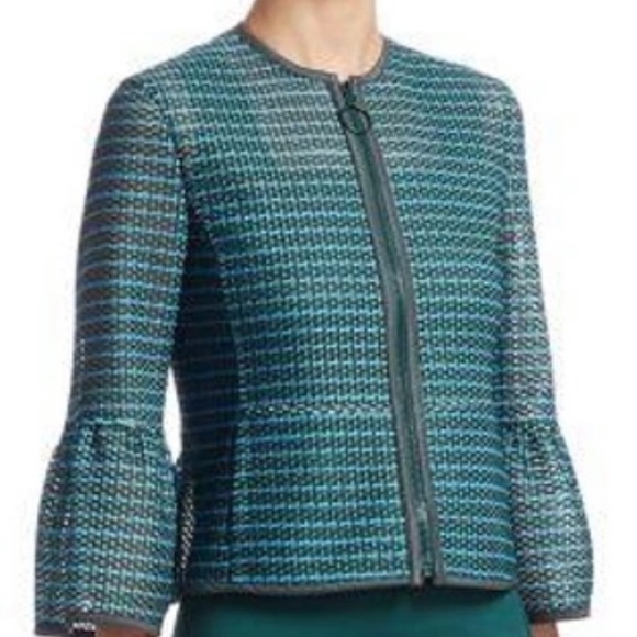 AKRIS PUNTO Striped Mesh Bell Sleeve Green and Blue Jacket women’s size 14 - Picture 3 of 15